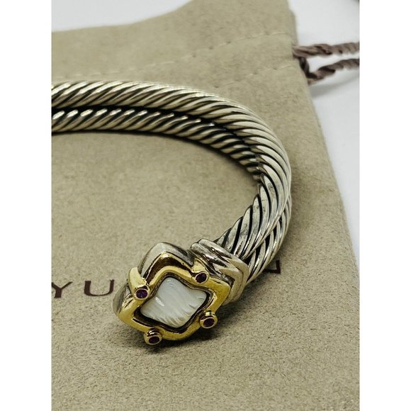 David Yurman Double Cable Sterling 18K Quatrefoil Carved Mother Pearl Bracelet - Picture 3 of 10